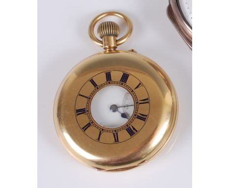 An Edwardian gent's 18ct gold half hunter pocket watch, having unsigned white enamel dial, subsidiary seconds dial, unsigned 