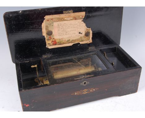 A circa 1900 Swiss rosewood cased music box, the 6" cylinder playing eight airs, with stop-start and change-repeat functions,