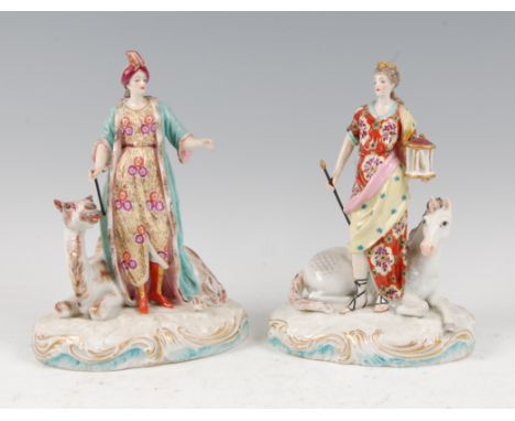A pair of 19th century continental porcelain figures, emblematic of Europe and Asia after the originals by Chelsea, Europe as