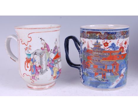 An 18th century Chinese export tankard, decorated with extensive pagoda river landscape scenes, in the Imari palette, heighte