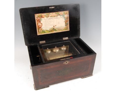 A circa 1900 Swiss rosewood cased music box, the 6" comb playing eight airs and striking on three bells, with stop-play and c