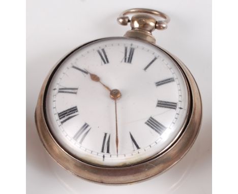 A George III gent's silver pair-cased pocket watch, the white enamel dial with Roman numerals (hairlines and restored to edge