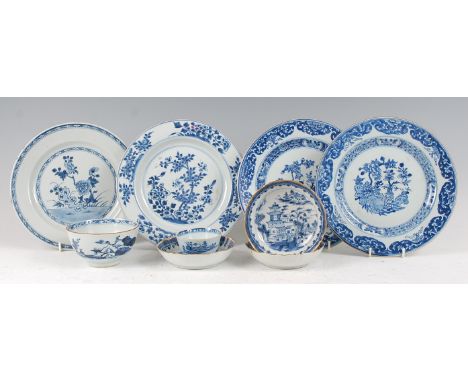 A small quantity of Chinese blue and white export wares, comprising four plates, three saucers, rice bowl, and single tea bow