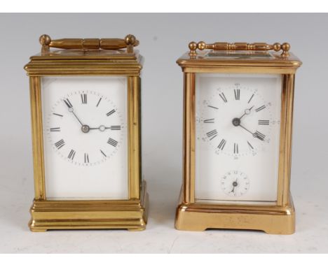 A late 19th century French lacquered brass gorge cased carriage clock, having visible platform escapement, twin barrel going 