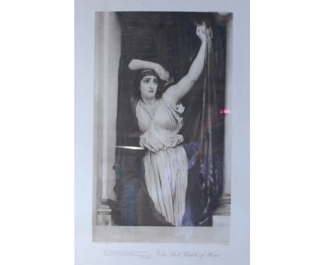 After Lord Leighton - The Last Watch of Hero, monochrome print, 51 x 30cm; a matching pair after W Waterhouse - The Lady of S
