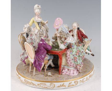 A late 19th century continental porcelain table centrepiece of card-players , the six high society figures all in 18th centur