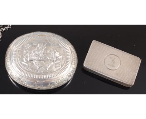 An early 20th century Dutch silver snuff box, of hinged oval form, the cover relief decorated with a tavern scene within scro