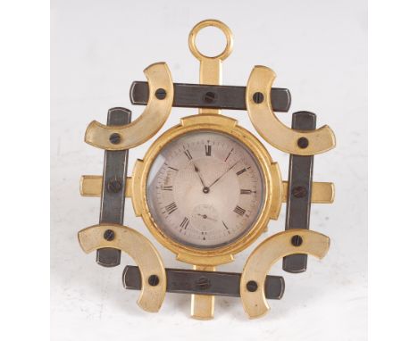 A late 19th century Le Roy & Fils of Paris gilt brass cased strut clock, in original fitted leather case, having engine turne