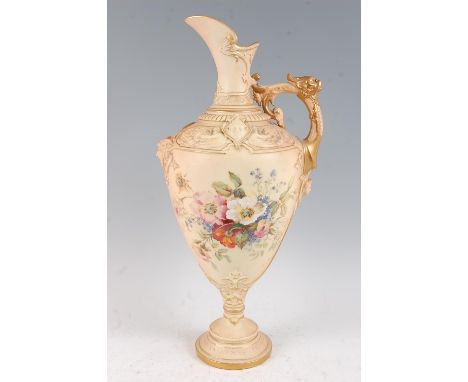 A large Royal Worcester blush ivory ewer, the frieze decorated with cherubs and grotesque masks, the body enamel decorated wi