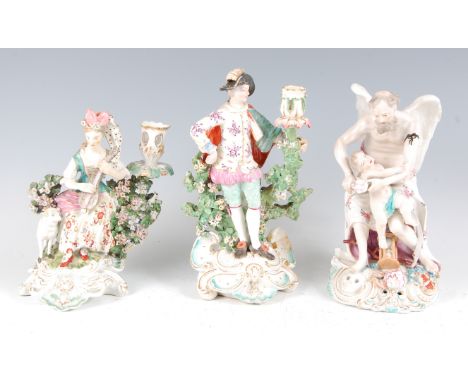A Derby porcelain bocage candle-holder figure of a female musician with attendant sheep, decorated in bright enamels and heig