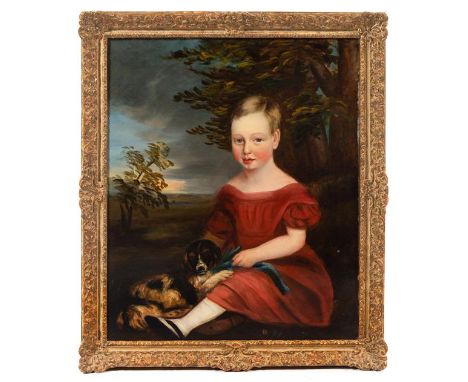 Early 19th century school - Child with dog, landscape portrait, oil on canvas (re-lined), 75 x 65cm