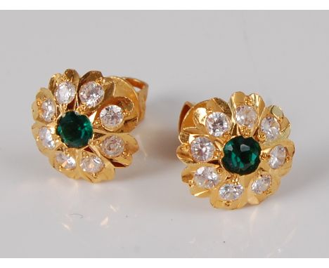 A pair of 22ct gold, synthetic emerald and colourless sapphire circular cluster earrings, the round synthetic emeralds each m