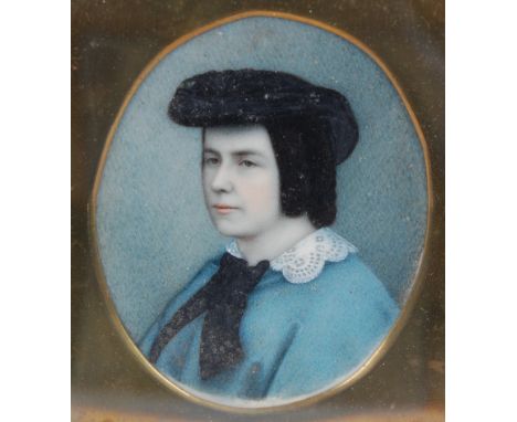 19th century English school - Head and shoulders portrait of a lady in hat with blue dress and lace collar, miniature waterco