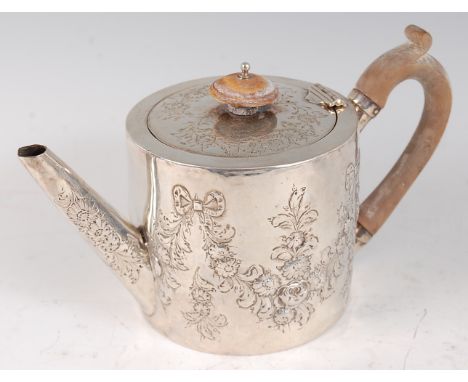 A George III silver bachelors teapot, of circular form, the cover with fruitwood finial and handle, the whole repousse decora