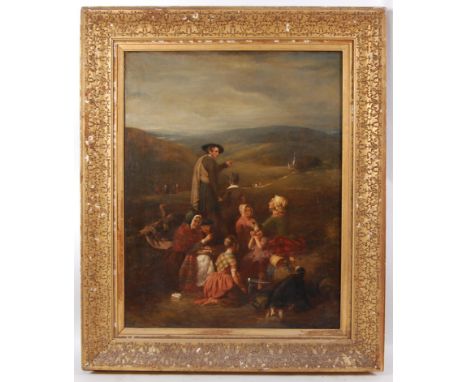 19th century Scottish school - Family gathering in a Highland landscape, oil on canvas, 126 x 98cmCondition report: Tear to c