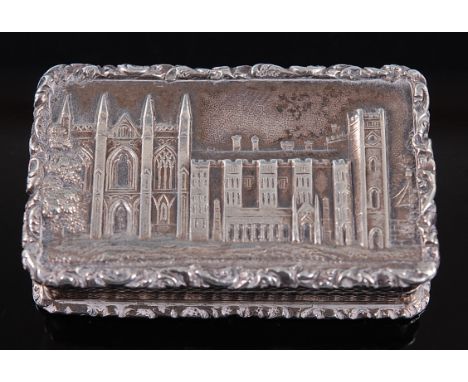 A William IV silver 'castle-top' vinaigrette, of rectangular form, the hinged lid relief decorated with a view of Newstead Ab