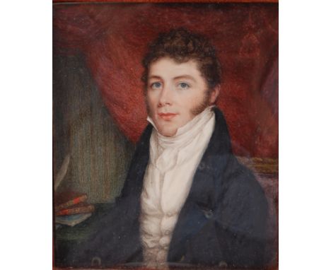 19th century English school - Three-quarter length portrait miniature of a gentleman, watercolour, unsigned, housed in a red 