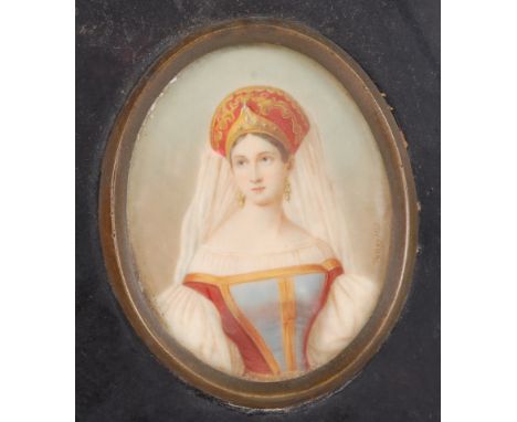 Pellegrini - Bust portrait of a young princess, wearing jewelled headpiece, miniature watercolour on ivory, signed 8 x 6.5cm