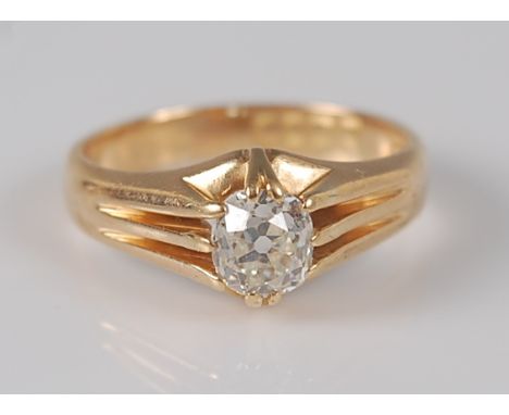 An 18ct yellow gold single stone diamond ring, the old mine cut diamond measuring approx 5.8 x 5.25 x 3.4mm, weight estimated