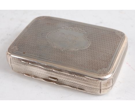 A Victorian silver box, of rounded rectangular form, having engine turned decoration and monogrammed floral cartouche, 7.4oz,