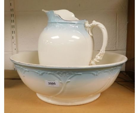 A large ceramic wash basin and water pitcher, 40cm diameter.