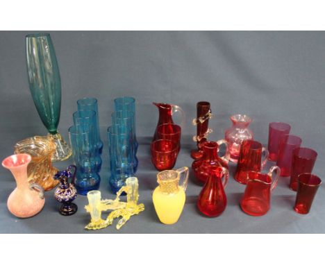 Selection of coloured glassware including ruby &amp; cranberry &amp; urnanium vaseline glass spill vase