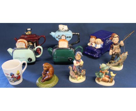 Goebel, Hummel &amp; Friedel figures, novelty teapots, Wade Tetley tea van money box, Ken Dodd's Diddymen 1970 cup &amp; Gibr