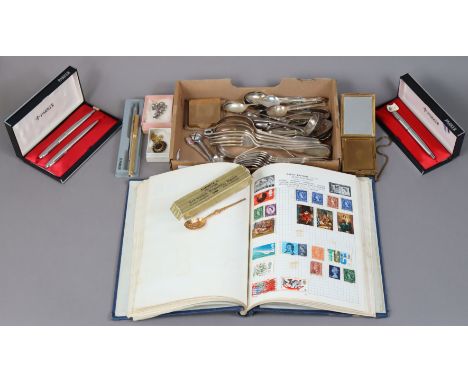 A Pierre d'Ech ball-point pen, four Parker ball-point pens, two gilt-metal compacts, a stamp album, various items of cutlery,