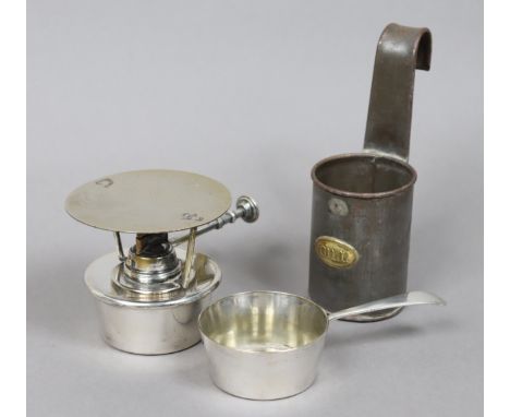 A stainless-steel brandy pan with burner, &amp; a metal “Gill” measure.