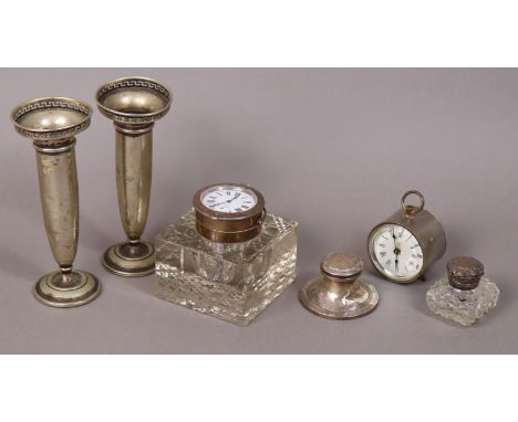 A George V cut-glass square inkwell inset timepiece to the hinged lift-lid &amp; with silver mounts, 9cm wide, Birmingham 191