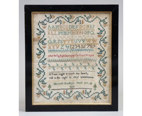 A George III needlework sampler with alphabet &amp; numbers to the top &amp; with verse below worked by Hannah Bradley, work 