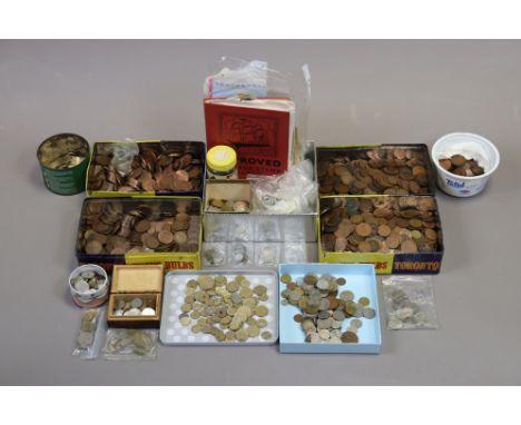 A large quantity of mostly pre-decimal British copper &amp; bronze coins; various foreign coins; a few bank-notes; a stamp al