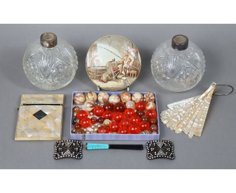 A Prattware-type pot lid “The Enthusiast”; a pair of cut-glass globular scent bottles with silver mounts; a mother-of-pearl c