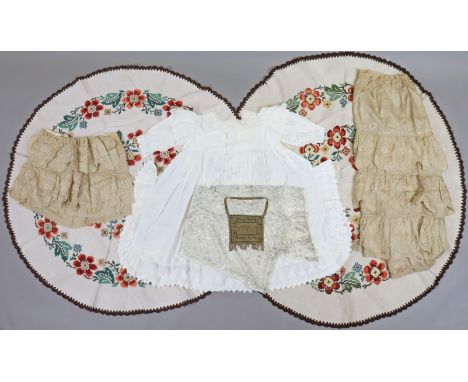 An Edwardian embroidered white cotton lady’s nightgown; an Edwardian embroidered fawn lady’s dress; a metal-thread &amp; mesh