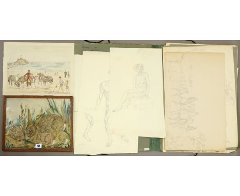 A watercolour painting depicting five rabbits amongst long grasses, unsigned, 26cm x 33.5cm, in a glazed frame, &amp; a folio