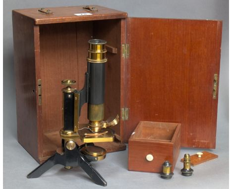 A vintage brass &amp; black lacquered monocular microscope, bears plaque “Medical supply Assocn., Agents For Jas. Parkes &amp