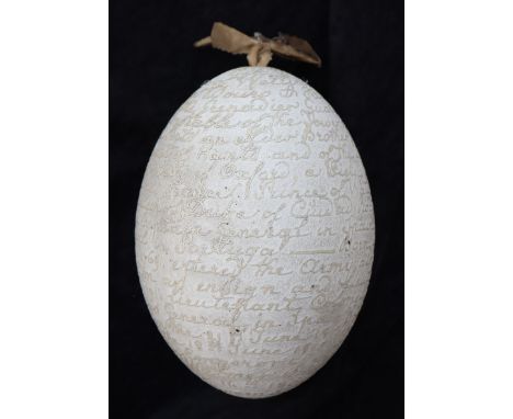 A rare 19th century South American carved Rhea egg commemorating the&nbsp;Duke of Wellington, inscribed: "Arthur Wellesley, D
