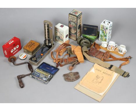  Seven various advertising tins; three items of crested china; a white tablecloth; &amp; sundry other items. 