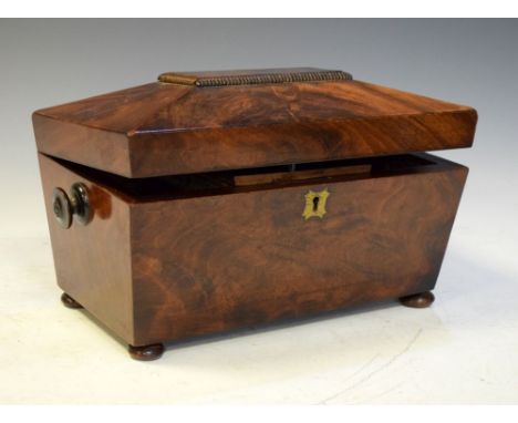 19th Century sarcophagus shaped mahogany tea caddy having hinged cover, raised on four flattened ball feet, 32cm wide  