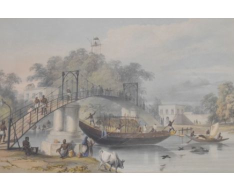 19th Century coloured print - 'Suspension Bridge at Alipor over Tolly's Nulla', 30cm x 41cm, mounted  