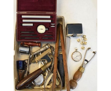 Box of assorted interesting miscellanea including; lamp fitting clamp, sugar nips, etc  