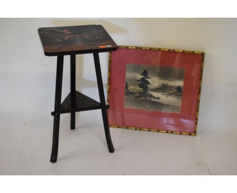 Lacquered square top occasional table and an Oriental framed print  