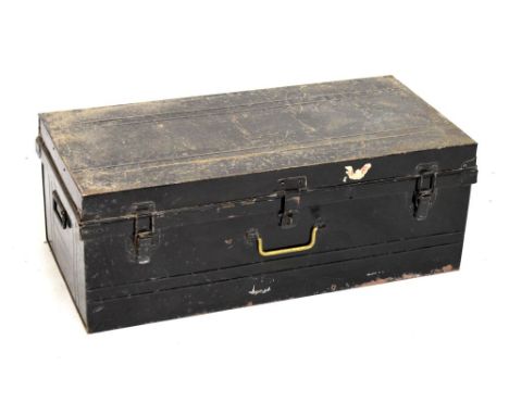 Black metal tin trunk with hinged cover, 90cm wide  