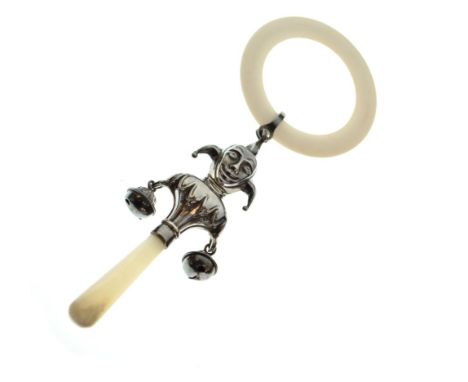 Elizabeth II silver child's rattle and teething ring in the form of a jester with two suspended bells and mother-of-pearl han
