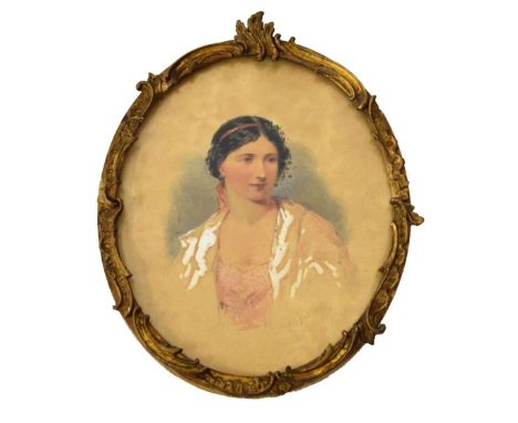 H.E. Hobson - Watercolour - Portrait of  lady wearing a shawl, signed and dated 1867, in oval gilt frame, 29cm x 23cm  