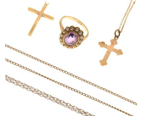 Amethyst and seed pearl set dress ring, the shank stamped 9ct, 9ct gold crucifix, one other similar on fine neck chain, two o