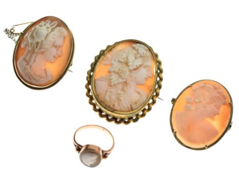 9ct gold cameo mounted dress ring, size N, and three oval cameo brooches  