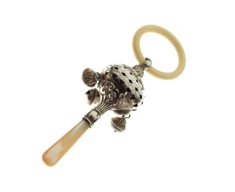 George V silver child's rattle and teething ring having four suspended bells and mother-of-pearl handle, Birmingham 1916, 10.