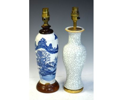 Oriental blue and white lamp base, 35cm high, together with crackle glaze example, 35cm high  