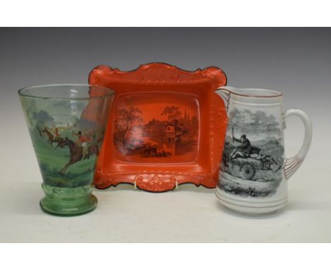 Copeland transfer printed jug 'Going To The Derby', Adams red ground transfer printed oblong dish and a tapered glass vase ha